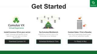 Get Started
Download Cumulus VX Schedule Workbench Time I’m Ready to Buy
Install Cumulus VX on your server
Learn, prototype and develop at your
pace on your own gear in a virtual
environment.
Try Cumulus Workbench
Experience Cumulus Linux in our
remote lab on our hardware.
Contact Sales / Find a Reseller
Have one of networking experts guide
you or find an authorized reseller.
 