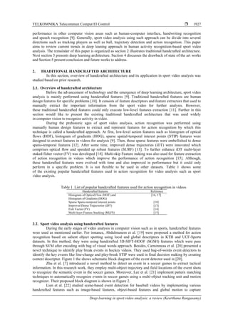TELKOMNIKA Telecommun Comput El Control 
Deep learning in sport video analysis: a review (Keerthana Rangasamy)
1927
performance in other computer vision areas such as human-computer interface, handwriting recognition
and speech recognition [9]. Generally, sport video analysis using such approach can be divide into several
directions such as tracking players as well as ball, trajectory detection and action recognition. This paper
aims to review current trends in deep leaning approach in human activity recognition-based sport video
analysis. The remainder of this paper is organized as section 2 illustrates traditional handcrafted architecture.
Next section 3 presents deep learning architecture. Section 4 discusses the drawback of state of the art works
and Section 5 present conclusion and future works to address.
2. TRADITIONAL HANDCRAFTED ARCHITECTURE
In this section, overview of handcrafted architecture and its application in sport video analysis was
studied based on prior research.
2.1. Overview of handcrafted architecture
Before the advancement of technology and the emergence of deep learning architecture, sport video
analysis is mainly performed using handcrafted features [9]. Traditional handcrafted features are human
design features for specific problems [10]. It consists of feature descriptors and feature extractors that used to
manually extract the important information from the sport video for further analysis. However,
these traditional handcrafted features could only execute low-level features extraction [11]. Further in this
section would like to present the existing traditional handcrafted architecture that was used widely
in computer vision to recognize activity in video.
During the prehistoric ages of sport video analysis, action recognition was performed using
manually human design features to extract and represent features for action recognition by which this
technique is called a handcrafted approach. At first, low-level action features such as histogram of optical
flows (HOF), histogram of gradients (HOG), sparse spatial-temporal interest points (STIP) features were
designed to extract features in videos for analysis [9]. Then, those sparse features were embellished to dense
spatio-temporal features [12]. After some time, improved dense trajectories (iDT) were innovated which
comprises optical flow and speeded up robust features (SURF) [13]. To further enhance iDT multi-layer
staked fisher vector (FV) was developed [14]. Multi-skip Feature staking was also used for feature extraction
of action recognition in videos which improve the performance of action recognition [15]. Although,
these handcrafted features were evolved with time and also improved in performance but it could only
perform in a specific problem. It is not flexible to be used in other datasets. Table 1 shows some
of the existing popular handcrafted features used in action recognition for video analysis such as sport
video analysis.
Table 1. List of popular handcrafted features used for action recognition in videos
Handcrafted features Reference
Histogram of Optical Flow (HOF) and
Histogram of Gradients (HOG)
[16, 17]
Sparse Spatio-temporal interest points [18]
Improved Dense Trajectories (iDT) [13]
Fish Vector (FV) [14]
Multi-layer Feature Stacking (MLFS) [15]
2.2. Sport video analysis using handcrafted features
During the early stages of video analysis in computer vision such as in sports, handcrafted features
were used as mentioned earlier. For instance, Abdulmunem et al. [19] were proposed a method for action
recognition based on salient object spotting using local and global descriptors in KTH and UCF-Sports
datasets. In this method, they were using handcrafted 3D-SIFT-HOOF (SGSH) features which were pass
through SVM after encoding with bag of visual words approach. Besides, Carnonneau et al. [20] presented a
novel technique to identify play break events in hockey videos. They used bag-of-words event detectors to
identify the key events like line-change and play-break STIP were used in final decision making by creating
context descriptor. Figure 1 the shows schematic block diagram of the event detector used in [20].
Zhu et al. [7] introduced a novel method to detect an event in a soccer games to extract tactical
information. In this research work, they employ multi-object trajectory and field locations of the event shots
to recognize the semantic event in the soccer games. Moreover, Lee et al. [21] implement pattern matching
techniques to automatically recognize events in soccer games using a multi-object tracking unit and motion
recognizer. Their proposed block diagram is shown in Figure 2.
Lien et al. [22] studied scene-based event detection for baseball videos by implementing various
handcrafted features such as image-based features, object-based features and global motion to capture
 