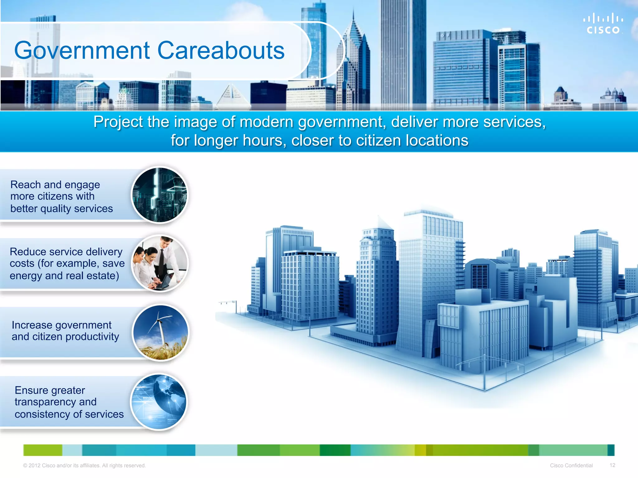 Government Careabouts

                                 Project the image of modern government, deliver more services,
                                            for longer hours, closer to citizen locations

Reach and engage
more citizens with
better quality services



Reduce service delivery
costs (for example, save
energy and real estate)



Increase government
and citizen productivity




 Ensure greater
 transparency and
 consistency of services



  © 2012 Cisco and/or its affiliates. All rights reserved.                                        Cisco Confidential   12
 