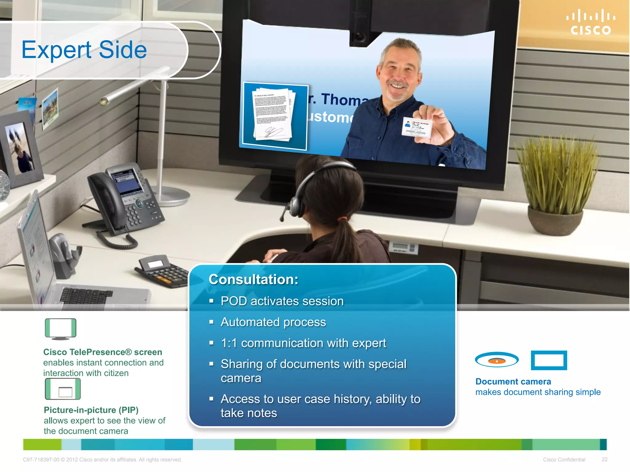 Expert Side
                                                                                         Mr. Thomas Miller
                                                                                         Customer ID 3424




                                                                         Consultation:
                                                                           POD activates session
                     SHARING                                               Automated process
                               OF                                          1:1 communication with expert
        Cisco TelePresence® screen
        enables instant connection and
                DOCUMENTS                                                  Sharing of documents with special
        interaction with citizen
                                                                            camera                                    Document camera
                                                                                                                      makes document sharing simple
                                                                           Access to user case history, ability to
         Picture-in-picture (PIP)                                           take notes
         allows expert to see the view of
         the document camera


C97-718397-00 © 2012 Cisco and/or its affiliates. All rights reserved.                                                               Cisco Confidential   22
 