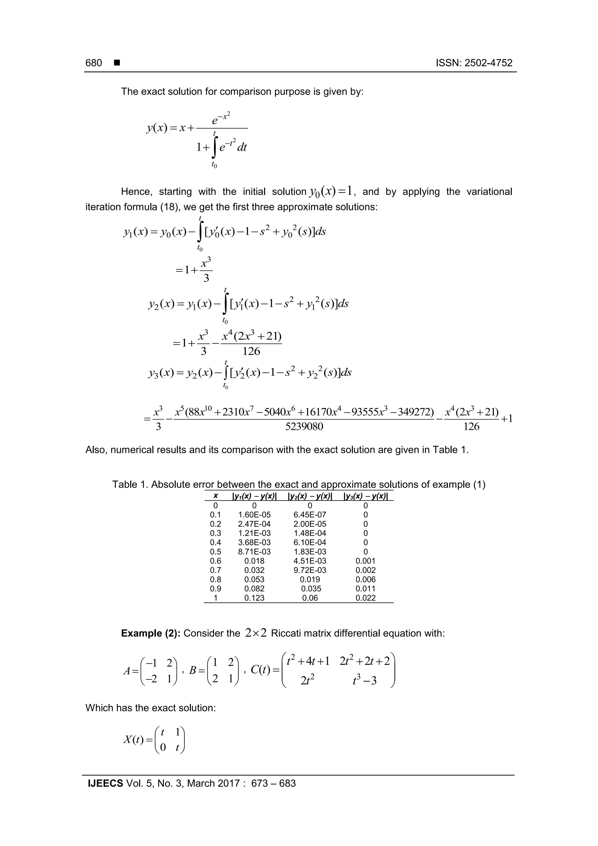  ISSN: 2502-4752
IJEECS Vol. 5, No. 3, March 2017 : 673 – 683
680
The exact solution for comparison purpose is given by:
2
2
0
( )
1
x
t
t
t
e
y x x
e dt


 
 
Hence, starting with the initial solution 0( ) 1y x  , and by applying the variational
iteration formula (18), we get the first three approximate solutions:
0
2 2
1 0 0 0( ) ( ) [ ( ) 1 ( )]
t
t
y x y x y x s y s ds    
3
1
3
x
 
0
2 2
2 1 1 1( ) ( ) [ ( ) 1 ( )]
t
t
y x y x y x s y s ds    
3 4 3
(2 21)
1
3 126
x x x 
  
0
2 2
3 2 2 2( ) ( ) [ ( ) 1 ( )]
t
t
y x y x y x s y s ds    
3 5 10 7 6 4 3 4 3
(88 2310 5040 16170 93555 349272) (2 21)
1
3 5239080 126
x x x x x x x x x     
   
Also, numerical results and its comparison with the exact solution are given in Table 1.
Table 1. Absolute error between the exact and approximate solutions of example (1)
x |y1(x)  y(x)| |y2(x)  y(x)| |y3(x)  y(x)|
0 0 0 0
0.1 1.60E-05 6.45E-07 0
0.2 2.47E-04 2.00E-05 0
0.3 1.21E-03 1.48E-04 0
0.4 3.68E-03 6.10E-04 0
0.5 8.71E-03 1.83E-03 0
0.6 0.018 4.51E-03 0.001
0.7 0.032 9.72E-03 0.002
0.8 0.053 0.019 0.006
0.9 0.082 0.035 0.011
1 0.123 0.06 0.022
Example (2): Consider the 2 2 Riccati matrix differential equation with:
1 2
2 1
A
 
  
,
1 2
2 1
B
 
 
 
,
2 2
2 3
4 1 2 2 2
( )
2 3
t t t t
C t
t t
    
 
  
Which has the exact solution:
1
( )
0
t
X t
t
 
 
 
 