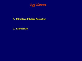 Egg Harvest
1. Ultra Sound Guided Aspiration
2. Laproscopy
 