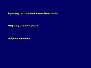 Separating the traditional mother-father model
Pregnancy past menopause
Religious objections
 