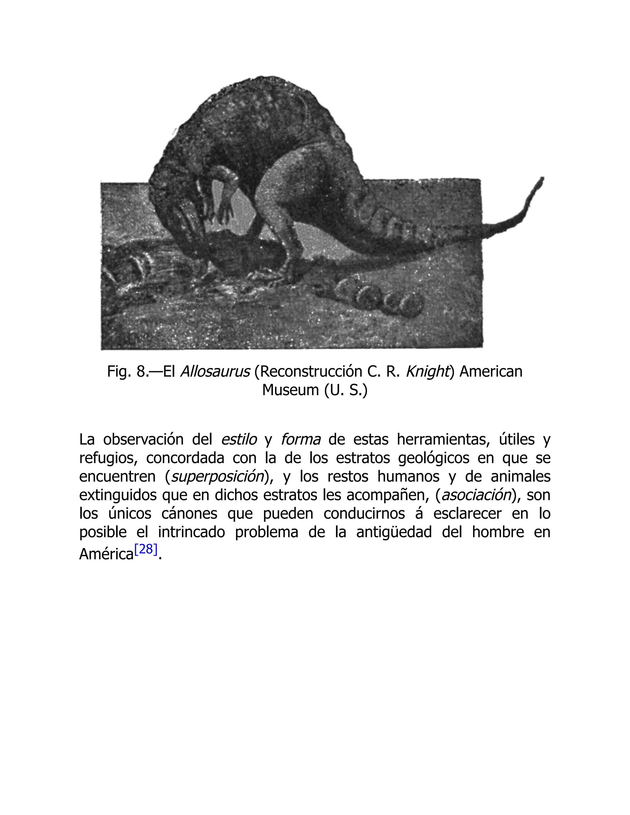 Fig. 8.—El Allosaurus (Reconstrucción C. R. Knight) American
Museum (U. S.)
La observación del estilo y forma de estas herramientas, útiles y
refugios, concordada con la de los estratos geológicos en que se
encuentren (superposición), y los restos humanos y de animales
extinguidos que en dichos estratos les acompañen, (asociación), son
los únicos cánones que pueden conducirnos á esclarecer en lo
posible el intrincado problema de la antigüedad del hombre en
América[28].
 