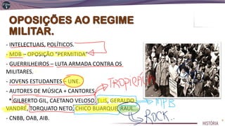 - INTELECTUAIS, POLÍTICOS.
- MDB – OPOSIÇÃO “PERMITIDA”
- GUERRILHEIROS – LUTA ARMADA CONTRA OS
MILITARES.
- JOVENS ESTUDANTES – UNE.
- AUTORES DE MÚSICA + CANTORES.
* GILBERTO GIL, CAETANO VELOSO, ELIS, GERALDO
VANDRÉ, TORQUATO NETO, CHICO BUARQUE, RAUL...
- CNBB, OAB, AIB. 8
 