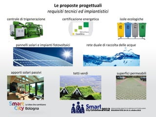 Le proposte progettuali
                             requisiti tecnici ed impiantistici
centrale di trigenerazione             certificazione energetica               isole ecologiche




      pannelli solari e impianti fotovoltaici            rete duale di raccolta delle acque




  apporti solari passivi                        tetti verdi                  superfici permeabili
 