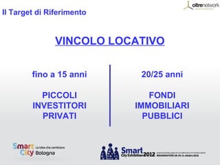 Il Target di Riferimento


               VINCOLO LOCATIVO

        fino a 15 anni      20/25 anni

          PICCOLI             FONDI
        INVESTITORI        IMMOBILIARI
          PRIVATI            PUBBLICI
 