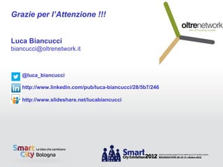 Grazie per l’Attenzione !!!


Luca Biancucci
biancucci@oltrenetwork.it



    @luca_biancucci

    http://www.linkedin.com/pub/luca-biancucci/28/5b7/246

    http://www.slideshare.net/lucabiancucci
 