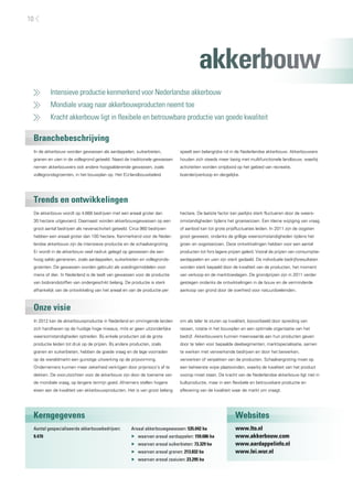 10




                                                                                       akkerbouw
     	    Intensieve productie kenmerkend voor Nederlandse akkerbouw
     	    Mondiale vraag naar akkerbouwproducten neemt toe
     	    Kracht akkerbouw ligt in flexibele en betrouwbare productie van goede kwaliteit

 Branchebeschrijving
 In de akkerbouw worden gewassen als aardappelen, suikerbieten,              speelt een belangrijke rol in de Nederlandse akkerbouw. Akkerbouwers
 granen en uien in de vollegrond geteeld. Naast de traditionele gewassen     houden zich steeds meer bezig met multifunctionele landbouw, waarbij
 nemen akkerbouwers ook andere hoogsalderende gewassen, zoals                activiteiten worden ontplooid op het gebied van recreatie,
 vollegrondsgroenten, in het bouwplan op. Het EU-landbouwbeleid              boerderijverkoop en dergelijke.




 Trends en ontwikkelingen
 De akkerbouw wordt op 4.668 bedrijven met een areaal groter dan             hectare. De laatste factor kan jaarlijks sterk fluctueren door de weers-
 30 hectare uitgevoerd. Daarnaast worden akkerbouwgewassen op een            omstandigheden tijdens het groeiseizoen. Een kleine wijziging van vraag
 groot aantal bedrijven als nevenactiviteit geteeld. Circa 960 bedrijven     of aanbod kan tot grote prijsfluctuaties leiden. In 2011 zijn de oogsten
 hebben een areaal groter dan 100 hectare. Kenmerkend voor de Neder-         groot geweest, ondanks de grillige weersomstandigheden tijdens het
 landse akkerbouw zijn de intensieve productie en de schaalvergroting.       groei- en oogstseizoen. Deze ontwikkelingen hebben voor een aantal
 Er wordt in de akkerbouw veel nadruk gelegd op gewassen die een             producten tot fors lagere prijzen geleid. Vooral de prijzen van consumptie-
 hoog saldo genereren, zoals aardappelen, suikerbieten en vollegronds-       aardappelen en uien zijn sterk gedaald. De individuele bedrijfsresultaten
 groenten. De gewassen worden gebruikt als voedingsmiddelen voor             worden sterk bepaald door de kwaliteit van de producten, het moment
 mens of dier. In Nederland is de teelt van gewassen voor de productie       van verkoop en de markttoeslagen. De grondprijzen zijn in 2011 verder
 van biobrandstoffen van ondergeschikt belang. De productie is sterk         gestegen ondanks de ontwikkelingen in de bouw en de verminderde
 afhankelijk van de ontwikkeling van het areaal en van de productie per      aankoop van grond door de overheid voor natuurdoeleinden.



 Onze visie
 In 2012 kan de akkerbouwproductie in Nederland en omringende landen         om als teler te sturen op kwaliteit, bijvoorbeeld door spreiding van
 zich handhaven op de huidige hoge niveaus, mits er geen uitzonderlijke      rassen, rotatie in het bouwplan en een optimale organisatie van het
 weersomstandigheden optreden. Bij enkele producten zal de grote             bedrijf. Akkerbouwers kunnen meerwaarde aan hun producten geven
 productie leiden tot druk op de prijzen. Bij andere producten, zoals        door te telen voor bepaalde deelsegmenten, marktspecialisatie, samen
 granen en suikerbieten, hebben de goede vraag en de lage voorraden          te werken met verwerkende bedrijven en door het bewerken,
 op de wereldmarkt een gunstige uitwerking op de prijsvorming.               verwerken of verpakken van de producten. Schaalvergroting moet op
 Ondernemers kunnen meer zekerheid verkrijgen door prijsrisico’s af te       een beheerste wijze plaatsvinden, waarbij de kwaliteit van het product
 dekken. De vooruitzichten voor de akkerbouw zijn door de toename van        voorop moet staan. De kracht van de Nederlandse akkerbouw ligt niet in
 de mondiale vraag, op langere termijn goed. Afnemers stellen hogere         bulkproductie, maar in een flexibele en betrouwbare productie en
 eisen aan de kwaliteit van akkerbouwproducten. Het is van groot belang      aflevering van de kwaliteit waar de markt om vraagt.




 Kerngegevens                                                                                             Websites
 Aantal gespecialiseerde akkerbouwbedrijven:         Areaal akkerbouwgewassen: 535.042 ha                 www.lto.nl
 9.470                                               ▶▶ waarvan areaal aardappelen: 159.686 ha            www.akkerbouw.com
                                                     ▶▶ waarvan areaal suikerbieten: 73.329 ha            www.aardappelinfo.nl
                                                     ▶▶ waarvan areaal granen: 213.832 ha                 www.lei.wur.nl
                                                     ▶▶ waarvan areaal zaaiuien: 23.295 ha
 