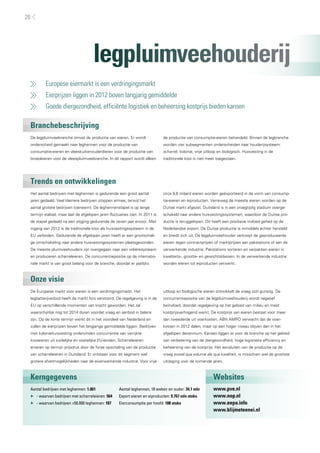 26




                                     legpluimveehouderij
     	   Europese eiermarkt is een verdringingsmarkt
     	   Eierprijzen liggen in 2012 boven langjarig gemiddelde
     	   Goede diergezondheid, efficiënte logistiek en beheersing kostprijs bieden kansen

 Branchebeschrijving
 De legpluimveebranche omvat de productie van eieren. Er wordt                de productie van consumptie-eieren behandeld. Binnen de legbranche
 onderscheid gemaakt naar leghennen voor de productie van                     worden vier subsegmenten onderscheiden naar houderijsysteem:
 consumptie-eieren en vleeskuikenouderdieren voor de productie van            scharrel, kolonie, vrije uitloop en biologisch. Huisvesting in de
 broedeieren voor de vleespluimveebranche. In dit rapport wordt alleen        traditionele kooi is niet meer toegestaan.




 Trends en ontwikkelingen
 Het aantal bedrijven met leghennen is gedurende een groot aantal             circa 9,8 miljard eieren worden geëxporteerd in de vorm van consump-
 jaren gedaald. Veel kleinere bedrijven stoppen ermee, terwijl het            tie-eieren en eiproducten. Verreweg de meeste eieren worden op de
 aantal grotere bedrijven toeneemt. De leghennenstapel is op lange            Duitse markt afgezet. Duitsland is in een vroegtijdig stadium overge-
 termijn stabiel, maar laat de afgelopen jaren fluctuaties zien. In 2011 is   schakeld naar andere huisvestingssystemen, waardoor de Duitse pro-
 de stapel gedaald na een stijging gedurende de zeven jaar ervoor. Met        ductie is teruggelopen. Dit heeft een positieve invloed gehad op de
 ingang van 2012 is de traditionele kooi als huisvestingssysteem in de        Nederlandse export. De Duitse productie is inmiddels echter hersteld
 EU verboden. Gedurende de afgelopen jaren heeft er een grootschali-          en breidt zich uit. De legpluimveehouder verkoopt de geproduceerde
 ge omschakeling naar andere huisvestingssystemen plaatsgevonden.             eieren tegen contractprijzen of marktprijzen aan pakstations of aan de
 De meeste pluimveehouders zijn overgegaan naar een volièresysteem            verwerkende industrie. Pakstations sorteren en verpakken eieren in
 en produceren scharreleieren. De concurrentiepositie op de internatio-       kwaliteits-, grootte- en gewichtsklassen. In de verwerkende industrie
 nale markt is van groot belang voor de branche, doordat er jaarlijks         worden eieren tot eiproducten verwerkt.



 Onze visie
 De Europese markt voor eieren is een verdringingsmarkt. Het                  uitloop en biologische eieren ontwikkelt de vraag zich gunstig. De
 legbatterijverbod heeft de markt fors verstoord. De regelgeving is in de     concurrentiepositie van de legpluimveehouderij wordt negatief
 EU op verschillende momenten van kracht geworden. Het zal                    beïnvloed, doordat regelgeving op het gebied van milieu en mest
 waarschijnlijk nog tot 2014 duren voordat vraag en aanbod in balans          kostprijsverhogend werkt. De kostprijs van eieren bestaat voor meer
 zijn. Op de korte termijn werkt dit in het voordeel van Nederland en         dan tweederde uit voerkosten. ABN AMRO verwacht dat de voer-
 zullen de eierprijzen boven het langjarige gemiddelde liggen. Bedrijven      kosten in 2012 dalen, maar op een hoger niveau blijven dan in het
 met koloniehuisvesting ondervinden concurrentie van verrijkte                afgelopen decennium. Kansen liggen er voor de branche op het gebied
 kooieieren uit zuidelijke en oostelijke EU-landen. Scharreleieren            van verbetering van de diergezondheid, hoge logistieke efficiency en
 ervaren op termijn prijsdruk door de forse opschaling van de productie       beheersing van de kostprijs. Het aansluiten van de productie op de
 van scharreleieren in Duitsland. Er ontstaan voor dit segment wel            vraag zowel qua volume als qua kwaliteit, is misschien wel de grootste
 grotere afzetmogelijkheden naar de eiverwerkende industrie. Voor vrije       uitdaging voor de komende jaren.



 Kerngegevens                                                                                              Websites
 Aantal bedrijven met leghennen: 1.061               Aantal leghennen, 18 weken en ouder: 34,1 mln         www.pve.nl
 ▶▶ - waarvan bedrijven met scharreleieren: 564      Export eieren en eiproducten: 9.767 mln stuks         www.nop.nl
 ▶▶ - waarvan bedrijven >50.000 leghennen: 187       Eierconsumptie per hoofd: 188 stuks                   www.eepa.info
                                                                                                           www.blijmeteenei.nl
 
