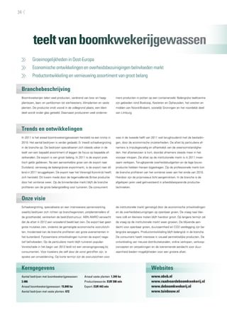 34




          teelt van boomkwekerijgewassen
     	    Groeimogelijkheden in Oost-Europa
     	    Economische ontwikkelingen en overheidsbezuinigingen beïnvloeden markt
     	    Productontwikkeling en vernieuwing assortiment van groot belang

 Branchebeschrijving
 Boomkwekerijen telen veel producten, variërend van bos- en haag-             mers producten in potten op een containerveld. Belangrijke teeltcentra
 plantsoen, laan- en parkbomen tot sierheesters, klimplanten en vaste         zijn gebieden rond Boskoop, Kesteren en Opheusden, het westen en
 planten. De productie vindt vooral in de vollegrond plaats; een klein        midden van Noord-Brabant, oostelijk Groningen en het noordelijk deel
 deel wordt onder glas geteeld. Daarnaast produceren veel onderne-            van Limburg.




 Trends en ontwikkelingen
 In 2011 is het areaal boomkwekerijgewassen hersteld na een krimp in          was in de tweede helft van 2011 wel terughoudend met de bestedin-
 2010. Het aantal bedrijven is verder gedaald. Er treedt schaalvergroting     gen, door de economische onzekerheden. De afzet bij particuliere af-
 in de branche op. De bedrijven specialiseren zich steeds vaker in de         nemers is impulsgevoelig en afhankelijk van de weersomstandighe-
 teelt van een bepaald assortiment of leggen de focus op bepaalde af-         den. Het afzetseizoen is kort, doordat afnemers steeds meer in het
 zetkanalen. De export is van groot belang. In 2011 is de export prak-        voorjaar inkopen. De afzet op de institutionele markt is in 2011 moei-
 tisch gelijk gebleven. Na een aanvankelijke groei van de export naar         zaam verlopen. Teruglopende overheidsbudgetten en de lage bouw-
 Duitsland, verreweg de belangrijkste exportmarkt, is de export naar dit      productie hebben hieraan bijgedragen. Op de professionele markt kon
 land in 2011 teruggelopen. De export naar het Verenigd Koninkrijk heeft      de branche profiteren van het winterse weer aan het einde van 2010.
 zich hersteld. Dit kwam mede door de tegenvallende Britse productie          Hierdoor zijn de prijsniveaus licht aangetrokken. In de branche is de
 door het winterse weer. Op de binnenlandse markt blijft de branche           afgelopen jaren veel geïnvesteerd in arbeidsbesparende productie-
 profiteren van de grote belangstelling voor tuinieren. De consument          technieken.



 Onze visie
 Schaalvergroting, specialisatie en een intensievere samenwerking             de institutionele markt gematigd door de economische ontwikkelingen
 waarbij bedrijven zich richten op branchegenoten, potplantentelers of        en de overheidsbezuinigingen op openbaar groen. De vraag naar klei-
 de groothandel, versterken de bedrijfsstructuur. ABN AMRO verwacht           nere colli en kleinere maten blijft hierdoor groot. Op langere termijn zal
 dat de afzet in 2012 een wisselend beeld laat zien. De export laat geen      de vraag op de institutionele markt weer groeien. De blijvende aan-
 grote mutaties zien, ondanks de gematigde economische vooruitzich-           dacht voor openbaar groen, duurzaamheid en CO2 vastlegging zijn be-
 ten. Incidenteel kan de branche profiteren van grote evenementen in          langrijke aanjagers. Productontwikkeling blijft belangrijk in de branche.
 het buitenland. Fytosanitaire ontwikkelingen kunnen de export nega-          De consument heeft interesse in visueel aantrekkelijke producten. De
 tief beïnvloeden. Op de particuliere markt blijft tuinieren populair.        ontwikkeling van nieuwe distributiekanalen, online verkopen, verkoop-
 Vorstschade in het begin van 2012 leidt tot een vervangingsvraag bij         concepten en verpakkingen en de toenemende aandacht voor duur-
 consumenten. Voor kwekers die zelf door de vorst getroffen zijn, is          zaamheid bieden mogelijkheden voor een grotere afzet.
 sprake van omzetderving. Op korte termijn zijn de vooruitzichten voor



 Kerngegevens                                                                                              Websites
 Aantal bedrijven met boomkwekerijgewassen:          Areaal vaste planten: 1.344 ha                        www.nbvb.nl
 3.486                                               Productiewaarde: EUR 590 mln                          www.raadvoordeboomkwekerij.nl
 Areaal boomkwekerijgewassen: 15.840 ha              Export: EUR 443 mln                                   www.deboomkwekerij.nl
 Aantal bedrijven met vaste planten: 672                                                                   www.tuinbouw.nl
 