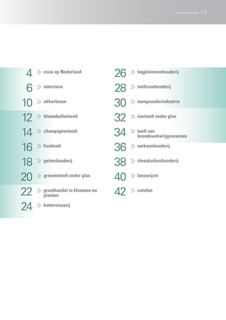 Visie op agrarisch   3




 4    	 visie op Nederland
                                    26    	legpluimveehouderij


 6    	interview
                                    28    	melkveehouderij


10    	akkerbouw
                                    30    	mengvoederindustrie


12    	bloembollenteelt
                                    32    	 sierteelt onder glas


14    	champignonteelt
                                    34    	 teelt van
                                         	boomkwekerijgewassen

16    	fruitteelt
                                    36    	varkenshouderij


18    	geitenhouderij
                                    38    	vleeskuikenhouderij


20    	 groenteteelt onder glas
                                    40    	leeswijzer


22    	 groothandel in bloemen en
     	planten                       42    	colofon


24    	kottervisserij
 