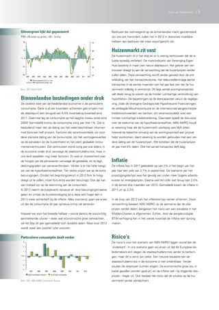 Visie op Nederland        5



Uitvoergroei lijkt dal gepasseerd                                                                                    Bedrijven die overwegend op de binnenlandse markt georiënteerd
PMI >50 wijst op groei; <50 – krimp                                                                                  zijn (zie ook hieronder), zullen het in 2012 in doorsnee moeilijker
  20                                                                                                            70
                                                                                                                     hebben dan bedrijven die meer exportgericht zijn.

  10                                                                                                            60   Huizenmarkt zit vast
                                                                                                                     De huizenmarkt zit in het slop en er is weinig vertrouwen dat de si-
% 0
                                                                                                                50
                                                                                                                     tuatie spoedig verbetert. De marktindicator van Vereniging Eigen
 -10                                                                                                                 Huis bereikte in maart een nieuw dieptepunt. Het gebrek aan ver-
                                                                                                                40
                                                                                                                     trouwen draagt bij aan de verwachting dat de huizenprijzen verder
 -20
       2001      2002       2003     2004       2005     2006   2007    2008      2009   2010   2011     2012
                                                                                                                30   zullen dalen. Deze verwachting wordt verder gevoed door de ont-
                     Uitvoer goederen (% j-o-j; l.as)                                                                wikkeling van het transactievolume. Het teleurstellend lage aantal
                     PMI exportorders (index; r.as)
                                                                                                                     transacties in de eerste maanden van het jaar laat zien dat de hui-
Bron: CBS, Markit NEVI                                                                                               zenmarkt volledig is verkrampt. Dit lage aantal woningtransacties
                                                                                                                     valt deels terug te voeren op de minder ruimhartige verstrekking van
Binnenlandse bestedingen onder druk                                                                                  hypotheken. De beperkingen op de leencapaciteit vanuit de regelge-
De zwakke stee van de Nederlandse economie is de particuliere                                                        ving, zoals de strengere Gedragscode Hypothecaire Financieringen,
consumptie. Deze is al vier kwartalen achtereen gekrompen met                                                        de verlaagde Nibud-woonquote en de internationaal aangescherpte
als dieptepunt een terugval van 0,9% kwartaal-op-kwartaal eind                                                       kredietvoorwaarden van banken, zijn verantwoordelijk voor een
2011. Daarmee lag de consumptie op het laagste niveau sinds eind                                                     minder ruimhartige kredietverlening. Daarnaast speelt de discussie
2003! Gemiddeld kromp de consumptie vorig jaar met 1%. Dat is                                                        over de toekomst van de hypotheekrenteaftrek. ABN AMRO houdt
beduidend meer dan de daling van het reëel beschikbaar inkomen                                                       er rekening mee dat de huizenmarkt voorlopig vast blijft zitten.
met bijna een half procent. Factoren die verantwoordelijk zijn voor                                                  Hoewel de beperkte omvang van de woningvoorraad een prijsval
deze sterkere daling van de consumptie, zijn het vermogensverlies                                                    helpt voorkomen, dient rekening te worden gehouden met een ver-
op de aandelen- en de huizenmarkt en het sterk gedaalde consu-                                                       dere daling van de huizenprijzen. We schatten dat de huizenprijzen
mentenvertrouwen. Dat vertrouwen stond vorig jaar ook elders in                                                      dit jaar met 5% dalen. Ook het aantal transacties blijft laag.
de eurozone onder druk vanwege de staatsschuldencrisis, maar in
ons land speelden nog meer factoren. Zo was er onzekerheid over
de hoogte van de pensioenen vanwege de gedaalde, en te lage,                                                         Inflatie
dekkingsgraden van pensioenfondsen. Verder is er het hete hangij-                                                    De inflatie liep in 2011 geleidelijk op van 2% in het begin van het
zer van de hypotheekrenteaftrek. Ten slotte wijzen we op de extra                                                    jaar naar een piek van 2,7% in september. De toename van het
bezuinigingen. Omdat het begrotingstekort in 2013 flink te hoog                                                      prijsstijgingstempo was het gevolg van onder meer hogere arbeids-
dreigt uit te vallen, moet fors extra worden bezuinigd. Ook dat kan                                                  kosten en energieprijzen. Daarna viel het cijfer wat terug naar 2,5%
van invloed zijn op de stemming van de consument.                                                                    in de eerste drie maanden van 2012. Gemiddeld kwam de inflatie in
In 2012 neemt de koopkracht opnieuw af: door bezuinigingsmaatre-                                                     2011 uit op 2,3%.
gelen én omdat de brutoloonstijging (al is deze iets hoger dan in
2011) weer achterblijft bij de inflatie. Alles overziend, gaan we ervan                                              In de loop van 2012 kan het inflatietempo verder afnemen. Deze
uit dat de consumptie dit jaar opnieuw krimp zal vertonen.                                                           verwachting baseert ABN AMRO op de aanname dat de olie-
                                                                                                                     prijzen verder dalen, aangezien het risico van een escalatie in het
Hoewel we voor het tweede halfjaar – vooral dankzij de voorzichtig                                                   Midden-Oosten is afgenomen. Echter, door de aangekondigde
aantrekkende uitvoer – weer wat economische groei verwachten,                                                        BTW-verhoging kan in het vierde kwartaal de inflatie een sprong
zal het bbp dit jaar (gemiddeld) toch duidelijk dalen. Maar voor 2013                                                maken.
wordt weer een positief cijfer voorzien.


Particuliere consumptie daalt verder                                                                                 Risico’s
  3                                                                                                                  De risico’s voor het scenario van ABN AMRO liggen vooral aan de
  2
                                                                                                                     ‘onderkant’. In ons scenario gaan wij ervan uit dat de Europese be-
  1
                                                                                                                     leidsmakers erin slagen de staatsschuldencrisis verder te bedwin-
%0
                                                                                                                     gen, maar dit is verre van zeker. Een nieuwe escalatie van de
 -1
                                                                                                                     staatsschuldencrisis in de eurozone is niet ondenkbaar. Verder
 -2
                                                                                                                     zouden de olieprijzen kunnen stijgen. De economische groei zou in
 -3
              2005          2006         2007           2008     2009          2010      2011     2012               beide gevallen worden gedrukt; en de inflatie valt - bij stijgende olie-
         Reëel beschikbaar inkomen                Particuliere consumptie
                                                                                                                     prijzen - hoger uit. Ook bestaat het risico dat de situatie op de hui-
Bron: CBS, ABN AMRO Economisch Bureau                                                                                zenmarkt verder verslechtert.
 
