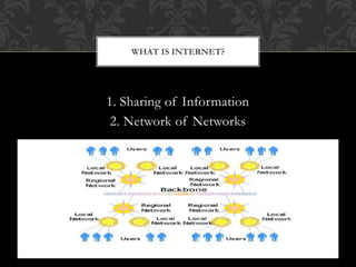 1. Sharing of Information
2. Network of Networks
WHAT IS INTERNET?
 