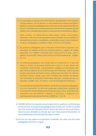 4. Ao reconhecer as crianças como seres íntegros, que aprendem a ser e conviver
     consigo próprias, com os demais e o meio ambiente de maneira articulada e
     gradual, as propostas pedagógicas das instituições de Educação Infantil devem
     buscar a interação entre as diversas áreas de conhecimento e aspectos da vida
     cidadã, como conteúdos básicos para a constituição de conhecimentos e valores.

     Desta maneira, os conhecimentos sobre espaço, tempo, comunicação,
     expressão, a natureza e as pessoas devem estar articulados com os cuidados e a
     educação para a saúde, a sexualidade, a vida familiar e social, o meio ambiente,
     a cultura, as linguagens, o trabalho, o lazer, a ciência e a tecnologia.

 5. As propostas pedagógicas para a Educação Infantil devem organizar suas
    estratégias de avaliação através do acompanhamento e registros de etapas
    alcançadas nos cuidados e educação para crianças de 0 a 6 anos, “sem o
    objetivo de promoção, mesmo para o acesso ao Ensino Fundamental”. (LDBEN,
    art. 31).

 6. As propostas pedagógicas das creches para as crianças de 0 a 3 anos de
    classes e centros de Educação Infantil para as de 4 a 6 anos devem ser
    concebidas, desenvolvidas, supervisionadas e avaliadas por educadores com
    pelo menos o diploma de curso de Formação de Professores, mesmo que da
    Equipe Educacional participem outros profissionais das áreas de Ciências
    Humanas, Sociais e Exatas, assim como familiares das crianças. Da direção
    das instituições de Educação Infantil deve participar, necessariamente um
    educador, também com, no mínimo, Curso de Formação de Professores.

  7. As instituições de Educação Infantil devem, através de suas propostas pedagógicas
     e de seus regimentos, em clima de cooperação, proporcionar condições de
     funcionamento das estratégias educacionais, do espaço físico, do horário e do
     calendário que possibilitem a adoção, a execução, a avaliação e o
     aperfeiçoamento das demais diretrizes. (LDBEN arts. 12 e 14).



a) A DCNEI define três conjuntos de princípios (éticos, políticos e estéticos) que
   devem nortear as propostas pedagógicas das creches, pré-escolas ou escolas
   que têm turmas de Educação Infantil. Diante de cada um desses princípios,
   descreva uma atividade ou atitude que você acha possível desenvolver no
   seu cotidiano para concretização de cada um deles.

b) Escreva em seu caderno os princípios envolvidos em cada uma das ações
   pedagógicas descritas a seguir:


                                         23
 