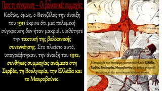 Καθώς, όμως, ο Βενιζέλος την άνοιξη
του 1911 έκρινε ότι μια πολεμική
σύγκρουση δεν ήταν μακριά, υιοθέτησε
την τακτική της βαλκανικής
συνεννόησης. Στο πλαίσιο αυτό,
υπογράφτηκαν, την άνοιξη του 1912,
συνθήκες συμμαχίας ανάμεσα στη
Σερβία, τη Βουλγαρία, την Ελλάδα και
το Μαυροβούνιο.
Η συμμαχία των τεσσάρων χριστιανικών λαών Ελλάδος,
Σερβίας,Βουλγαρίας, Μαυροβουνίου (σε σχήμα σταυρού)
έτοιμη να πλήξει τον ισλαμικό κίνδυνο, το 1912.
 