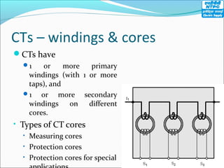 CTs – windings & cores
CTs have
1 or more primary
windings (with 1 or more
taps), and
1 or more secondary
windings on different
cores.
• Types of CT cores
• Measuring cores
• Protection cores
• Protection cores for special
 
