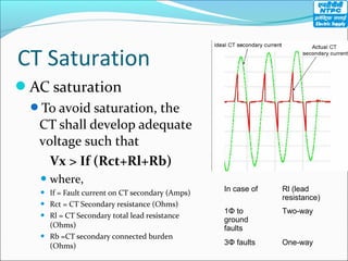 CT Saturation
In case of  Rl (lead 
resistance)
1Φ to 
ground 
faults
Two-way
3Φ faults One-way
AC saturation
To avoid saturation, the
CT shall develop adequate
voltage such that
Vx > If (Rct+Rl+Rb)
 where,
 If = Fault current on CT secondary (Amps)
 Rct = CT Secondary resistance (Ohms)
 Rl = CT Secondary total lead resistance
(Ohms)
 Rb =CT secondary connected burden
(Ohms)
 