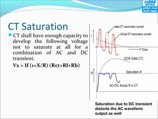 CT Saturation
CT shall have enough capacity to
develop the following voltage
not to saturate at all for a
combination of AC and DC
transient.
Vx > If (1+X/R) (Rct+Rl+Rb)
Saturation due to DC transient
distorts the AC waveform
output as well
 