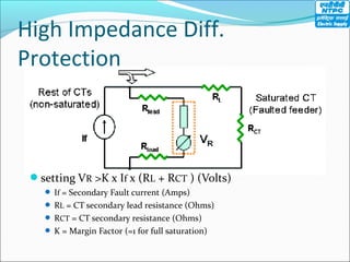 High Impedance Diff.
Protection
setting VR >K x If x (RL + RCT ) (Volts)
 If = Secondary Fault current (Amps)
 RL = CT secondary lead resistance (Ohms)
 RCT = CT secondary resistance (Ohms)
 K = Margin Factor (=1 for full saturation)
 