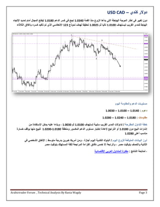 ‫دوالر كندي – ‪USD CAD‬‬
  ‫دون تغيير في إطار الموجة الهابطة التي بدأها الزوج منذ القمة 143125 نجح في كسر الدعم 125125 ليفتح المجال أمام تمديد اإلتجاه‬
     ‫الهابط للمدى القريب ليستهدف 115125 تاليا ثم 1.1125 تحقيقا لهدف نموذج 3.5 اإلنعكاسي الذي تم تأكيد كسره بإغالق الثالثاء‬




                                                                                                ‫مستويات الدعم والمقاومة اليوم‬

                                                                                      ‫دعوم : 145125 – 115125 – 131125‬

                                                                                   ‫مقاومات : 125125 – 14.125 – 12.125‬

              ‫خطة التداول المقترحة / تداوالت المدى القريب سلبية تستهدف 115125 ثم 131125 ، وبناءا عليه يمكن اإلستفادة من‬
     ‫إشارات البيع دون 125125 أو التراجع إلعادة إختبار مستوى الدعم المكسور ومنطقة 125125-11.125 للبيع منها بوقف خسارة‬
                                                                                                   ‫مناسب أعلى 12.125‬

            ‫أبرة البيانات المتوقعة للزوج اليوم / البنو الكندية اليوم أجاةة ، ومن أمريكا خبرين بدرجة متوسط : اإلنفاق الشخصي في‬
                            ‫الثانية والنصف بتوقيت مصر ، والرابعة إال خمس دقائق القراءة المراجعة لثقة المستهلك بتوقيت مصر‬

                                                                            ‫، لمتابعة النتائج : مفكرة المتداول العربي اإلقتصادية‬




‫‪Arabictrader Forum , Technical Analysis By Rania Wagdy‬‬                                                                  ‫3 ‪Page‬‬
 