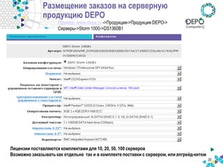Размещение заказов на серверную продукцию DEPO 
20 
Лицензии поставляются комплектами для 10, 20, 50, 100 серверов Возможно заказывать как отдельно так и в комплекте поставки с сервером, или апгрейд-китом 
Пример: www.depo.ru ->Продукция->Продукция DEPO-> Серверы->Storm 1000->DS1360B1  