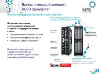 8 
Подсистема вентиляции, электропитания и управления вынесены из серверов на уровень стойки 
•Сокращение стоимости комплекса на 10-15% 
•Повышение энергоэффективности до 20% 
•Унификация и удобство обслуживания 
Вычислительный комплекс DEPO OpenServer 
Решение для ЦОД масштаба более тысячи cерверов 
Возможность производства под требования заказчика для встраивания в существующую инженерную инфраструктуру  