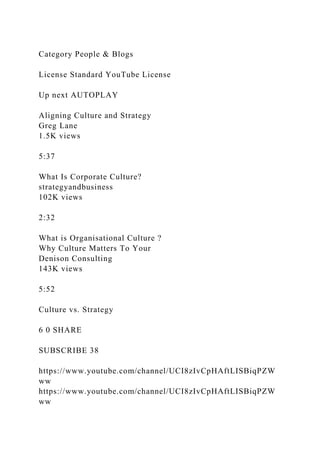 Category People & Blogs
License Standard YouTube License
Up next AUTOPLAY
Aligning Culture and Strategy
Greg Lane
1.5K views
5:37
What Is Corporate Culture?
strategyandbusiness
102K views
2:32
What is Organisational Culture ?
Why Culture Matters To Your
Denison Consulting
143K views
5:52
Culture vs. Strategy
6 0 SHARE
SUBSCRIBE 38
https://www.youtube.com/channel/UCI8zIvCpHAftLISBiqPZW
ww
https://www.youtube.com/channel/UCI8zIvCpHAftLISBiqPZW
ww
 