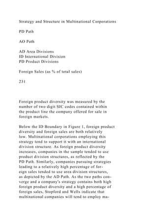 Strategy and Structure in Multinational Corporations
PD Path
AO Path
AD Area Divisions
ID International Division
PD Product Divisions
Foreign Sales (as % of total sales)
231
Foreign product diversity was measured by the
number of two digit SIC codes contained within
the product line the company offered for sale in
foreign markets.
Below the ID Boundary in Figure 1, foreign product
diversity and foreign sales are both relatively
low. Multinational corporations employing this
strategy tend to support it with an international
division structure. As foreign product diversity
increases, companies in the sample tended to use
product division structures, as reflected by the
PD Path. Similarly, companies pursuing strategies
leading to a relatively high percentage of for-
eign sales tended to use area division structures,
as depicted by the AD Path. As the two paths con-
verge and a company's strategy contains both high
foreign product diversity and a high percentage of
foreign sales, Stopford and Wells indicate that
multinational companies will tend to employ ma-
 