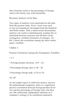 their elements (such as the percentage of foreign
sales) will clearly vary with nationality.
Bivariate Analysis of the Data
Two types of analyses were performed on the data
from the present study. First, t-tests were used
to test two hypotheses developed from the Stopford
and Wells model. Then a multivariate discriminant
analysis was used to simultaneously examine the re-
lationship between structure and all three of the
contingency variables (elements of strategy). Ta-
ble 2 shows the correlation among the three contin-
gency variables.
TABLE 2
Pearson Correlation Among the Contingency Variables
1 2 3
1 Foreign product diversity .A3* -.22
2 Percentage foreign sales n=28 -.26
3 Percentage foreign mfg. n=2A n=2A
*p<.05
As one might expect in relatively mature, success-
ful multinational companies, there is a significant
positive correlation between foreign product diver-
sity and the percentage of foreign sales, but they
are still sufficiently independent elements of a
company's strategy to be considered separately.
 