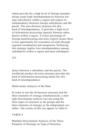 which provide for a high level of foreign manufac-
turing create high interdependencies between for-
eign subsidiaries within a region and reduce in-
terdependency between foreign subsidiaries and the
parent. The area division structure fits this
kind of interdependency. It provides a high level
of information processing capacity between subsi-
diaries within a region. A lower percentage of
foreign manufacturing and more exports means there
is less opportunity for economies of.scale.through
regional coordination and integration. Following
this strategy implies less interdependency.among
subsidiaries within a region and more interdepen-
233
dency between a subsidiary and the parent. The
worldwide product division structure provides the
kind of information processing which fits this
kind of interdependency.
Multivariate Analysis of the Data
In order to test the fit between structure and the
three elements of strategy simultaneously, a mul-
tiple discriminant analysis was run using the
three types of structure as the groups and the
three elements of strategy as the independent var-
iables. The results of this run appear in Table 6.
TABLE 6
Multiple Discriminant Analysis of the Three
Elements of Strategy on Type of Structure
 