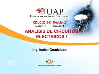Ing. Isabel Guadalupe
CICLO 2012-III Módulo: 2
Unidad: 1 Semana: 1
ANALISIS DE CIRCUITOS
ELECTRICOS I
 