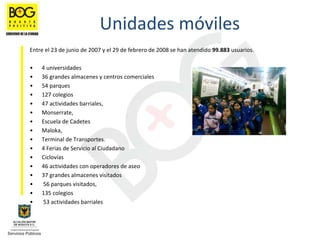 Unidades móviles
Entre el 23 de junio de 2007 y el 29 de febrero de 2008 se han atendido 99.883 usuarios. 

•   4 universidades
•   36 grandes almacenes y centros comerciales 
•   54 parques 
•   127 colegios
•   47 actividades barriales, 
•   Monserrate, 
•   Escuela de Cadetes 
•   Maloka, 
•   Terminal de Transportes. 
•   4 Ferias de Servicio al Ciudadano 
•   Ciclovías
•   46 actividades con operadores de aseo 
•   37 grandes almacenes visitados
•   56 parques visitados, 
•   135 colegios 
•   53 actividades barriales 
 