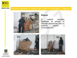 Proceso Operativo al interior del Centro de Reciclaje La Alquería


                                PESAJE

                                El       material      reciclable
                                clasificado es pesado en
                                básculas electrónicas para su
                                posterior        registro       y
                                comercialización.
 