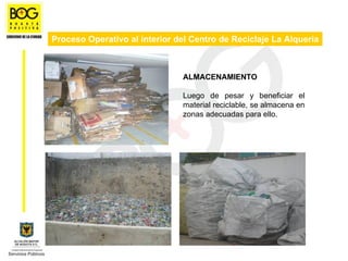 Proceso Operativo al interior del Centro de Reciclaje La Alquería



                               ALMACENAMIENTO

                               Luego de pesar y beneficiar el
                               material reciclable, se almacena en
                               zonas adecuadas para ello.
 