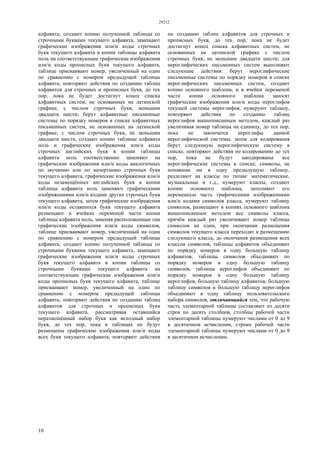 29212
10
алфавита, создают копию полученной таблицы со
строчными буквами текущего алфавита, замещают
графические изображения или/и коды строчных
букв текущего алфавита в копии таблицы алфавита
ноль на соответствующие графические изображения
или/и коды прописных букв текущего алфавита,
таблице присваивают номер, увеличенный на один
по сравнению с номером предыдущей таблицы
алфавита, повторяют действия по созданию таблиц
алфавитов для строчных и прописных букв, до тех
пор, пока не будет достигнут конец списка
алфавитных систем, не основанных на латинской
графике, с числом строчных букв, меньшим
двадцати шести; берут алфавитные письменные
системы по порядку номеров в списке алфавитных
письменных систем, не основанных на латинской
графике, с числом строчных букв, не меньшим
двадцати шести, создают копию таблицы алфавита
ноль и графические изображения или/и коды
строчных английских букв в копии таблицы
алфавита ноль соответственно заменяют на
графические изображения или/и коды аналогичных
по звучанию или по начертанию строчных букв
текущего алфавита, графические изображения или/и
коды незамещённых английских букв в копии
таблицы алфавита ноль заменяют графическими
изображениями или/и кодами других строчных букв
текущего алфавита, затем графические изображения
или/и коды оставшихся букв текущего алфавита
размещают в ячейках переменой части копии
таблицы алфавита ноль, заменяя расположенные там
графические изображения или/и коды символов,
таблице присваивают номер, увеличенный на один
по сравнению с номером предыдущей таблицы
алфавита, создают копию полученной таблицы со
строчными буквами текущего алфавита, замещают
графические изображения или/и коды строчных
букв текущего алфавита в копии таблицы со
строчными буквами текущего алфавита на
соответствующие графические изображения или/и
коды прописных букв текущего алфавита, таблице
присваивают номер, увеличенный на один по
сравнению с номером предыдущей таблицы
алфавита, повторяют действия по созданию таблиц
алфавитов для строчных и прописных букв
текущего алфавита, рассматривая оставшийся
неразмещённый набор букв как исходный набор
букв, до тех пор, пока в таблицах не будут
размещены графические изображения или/и коды
всех букв текущего алфавита, повторяют действия
по созданию таблиц алфавитов для строчных и
прописных букв, до тех пор, пока не будет
достигнут конец списка алфавитных систем, не
основанных на латинской графике с числом
строчных букв, не меньшим двадцати шести; для
иероглифических письменных систем выполняют
следующие действия: берут иероглифические
письменные системы по порядку номеров в списке
иероглифических письменных систем, создают
копию основного шаблона, и в ячейки переменой
части копии основного шаблона заносят
графические изображения или/и коды иероглифов
текущей системы иероглифов, нумеруют таблицу,
повторяют действия по созданию таблиц
иероглифов вышеописанным методом, каждый раз
увеличивая номер таблицы на единицу, до тех пор,
пока не закончатся иероглифы данной
иероглифической системы, затем для кодирования
берут следующую иероглифическую систему в
списке, повторяют действия по кодированию до тех
пор, пока не будут закодированы все
иероглифические системы в списке; символы, не
попавшие ни в одну предыдущую таблицу,
разделяют на классы по типам: математические,
музыкальные и т.д., нумеруют классы, создают
копию основного шаблона, заполняют его
переменную часть графическими изображениями
или/и кодами символов класса, нумеруют таблицу
символов, размещают в копиях основного шаблона
вышеописанным методом все символы класса,
причём каждый раз увеличивают номер таблицы
символов на один, при окончании размещения
символов текущего класса переходят к размещению
следующего класса, до окончания размещения всех
классов символов, таблицы алфавитов объединяют
по порядку номеров в одну большую таблицу
алфавитов, таблицы символов объединяют по
порядку номеров в одну большую таблицу
символов, таблицы иероглифов объединяют по
порядку номеров в одну большую таблицу
иероглифов, большую таблицу алфавитов, большую
таблицу символов и большую таблицу иероглифов
объединяют в одну таблицу пользовательского
набора символов, отличающийся тем, что рабочую
часть элементарной таблицы составляют из десяти
строк по десять столбцов, столбцы рабочей части
элементарной таблицы нумеруют числами от 0 до 9
в десятичном исчислении, строки рабочей части
элементарной таблицы нумеруют числами от 0 до 9
в десятичном исчислении.
 