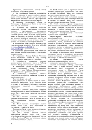 29212
4
Признаками, отличающими данный способ
кодирования являются следующие:
1. для кодирования символов применяются
таблицы и матрицы с числом столбцов кратных
десяти и числом строк кратных десяти, в прототипе
используются таблицы с числом строк кратными
восьми и с числом столбцов кратными восьми.
2. разбиение элементарной таблицы на
Постоянную и Переменную Части, в прототипе
этого нет, есть в аналогах.
3. выделение для символов отдельной
письменной системы собственного отдельного
кодового пространства, являющегося
прямоугольной областью кодовой таблицы с числом
столбцов кратных десяти и числом строк кратных
десяти, в прототипе, выделяется отдельная область
для символов семейства письменных систем или
символов письменной системы с числом столбцов
кратных восьми и числом строк кратных восьми.
4. расположение букв алфавитов в соответствии
с расположением английских букв, есть в КОИ-8
(www.ru.wikipedia.org/wiki/KOИ-8,
www.unicode.org/), в прототипе этого нет.
5. конкретные расположения букв, символов,
иероглифов в таблицах определяются Стандартами,
есть в прототипе.
6. объединение Таблиц Наборов Символов
разных письменных систем в одну Таблицу
Большого Набора Символов, есть в прототипе.
7. возможность добавления символов
дополнительных письменных систем в Таблицу
Большого Набора Символов, есть в прототипе.
8. объединение Таблиц Наборов Символов
разных письменных систем технического
устройства в одну Таблицу Пользовательского
Набора Символов, в прототипе этого нет.
9. возможность кодировать символы
Пользовательского Набора Символов способом, в
прототипе этого нет.
Перечень фигур, чертежей.
Вышеупомянутые и другие задачи и аспекты
настоящего изобретения будут понятны более
отчетливо из следующего подробного описания,
воспринятого совместно с прилагаемыми
чертежами.
На Фиг.1 показана блок-схема цифровой
компьютерной среды общего назначения, в которой
могут быть реализованы продукты настоящего
изобретения.
На Фиг.2 показана блок-схема мобильной
цифровой компьютерной среды, в которой могут
быть реализованы продукту настоящего
изобретения.
На Фиг.3 показана элементарная кодовая
таблица (Basic Code Table), разделённая на
Постоянную и Переменную Части.
Постоянную Часть, в этом варианте, составляют
ячейки строки ноль и столбца ноль.
На Фиг.4 показан основной шаблон,
элементарная таблица (Basic Code Table),
разделённая на Постоянную и Переменную Части, в
ячейках Постоянной Части под символами указаны
соответствующие коды Unicode.
На Фиг.5 показан один из вариантов шаблона
алфавита: элементарная таблица (Basic Code Table),
в ячейках Постоянной Части под символами
указаны соответствующие коды Unicode.
На Фиг.6 показана пользовательская кодовая
таблица (Use Code Table) из 4 элементарных таблиц,
в ячейках Постоянной Части под символами
указаны соответствующие коды Unicode.
На Фиг.7 показан пример кодирования.
Пользовательская кодовая таблица (Use Code Table)
для набора символов английского и русского
алфавитов, в ячейках таблицы под символами
указаны соответствующие коды Unicode.
Сведения, подтверждающие возможность
осуществления изобретения.
Осуществление изобретения достигается
следующим образом:
составляют нумерованный список алфавитных
письменных систем, основанных на латинской
графике и входящих в заданный набор символов,
составляют нумерованный список алфавитных
письменных систем, не основанных на латинской
графике и входящих в заданный набор символов, с
числом букв меньших двадцати шести,
составляют нумерованный список алфавитных
письменных систем, не основанных на латинской
графике и входящих в заданный набор символов, с
числом букв не меньших двадцати шести,
составляют нумерованный список
иероглифических письменных систем,
входящих в заданный набор символов,
создают элементарную таблицу, содержащую
десять строк и десять столбцов, делят её на
Постоянную Часть, содержащую не менее
девятнадцати ячеек, и Переменную Часть,
содержащую не менее двадцати шести ячеек, в
Постоянной Части размещают коды или/и
графические изображения арабских цифр и знака
пробела, полученную таблицу называют таблицей
основного шаблона, создают копию основного
шаблона, ячейки Переменной части таблицы
заполняют графическими изображениями или/и
кодами строчных букв английского алфавита и
графическими изображениями или/и кодами
общеупотребительных символов, таблицу называют
шаблон алфавита, создают копию шаблона алфавита
и называют его таблица строчных букв английского
алфавита, присваивают ему номер ноль, создают
копию шаблона алфавита, заменяют графические
изображения или/и коды строчных английских букв
в ячейках шаблона на соответствующие
графические изображения или/и коды прописных
букв английского алфавита и называют его таблица
прописных букв английского алфавита,
присваивают ему номер один, берут алфавитные
письменные системы по порядку номеров в списке
алфавитных письменных систем, основанных на
латинской графике, создают копию таблицы ноль и
графические изображения или/и коды строчных
букв текущего алфавита, отличающихся от
английских, располагают в Переменной Части копии
таблицы ноль, заменяя графические изображения
или/и коды, расположенных там символов, таблице
 