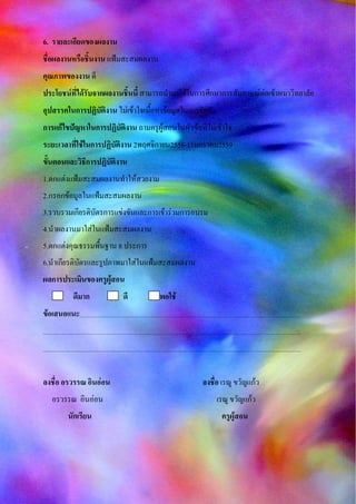 6. รายละเอียดของผลงาน
ชื่อผลงานหรือชิ้นงาน แฟ้มสะสมผลงาน
คุณภาพของงาน ดี
ประโยชน์ที่ได้รับจากผลงานชิ้นนี้ สามารถนามาใช้ในการศึกษาการสัมภาษณ์ต่อเข้าหมาวิทยาลัย
อุปสรรคในการปฏิบัติงาน ไม่เข้าใจเนื้อหาข้อมูลในการจัดทา
การแก้ไขปัญหาในการปฏิบัติงาน ถามครูผู้สอนในหัวข้อที่ไม่เข้าใจ
ระยะเวลาที่ใช้ในการปฏิบัติงาน 2พฤศจิกายน2558-11มกราคม2559
ขั้นตอนและวิธีการปฏิบัติงาน
1.ตกแต่งแฟ้มสะสมผลงานทาให้สวยงาม
2.กรอกข้อมูลในแฟ้มสะสมผลงาน
3.รวบรวมเกียรติบัตรการแข่งขันและการเข้าร่วมการอบรม
4.นาผลงานมาใส่ในแฟ้มสะสมผลงาน
5.ตกแต่งคุณธรรมพื้นฐาน 8 ประการ
6.นาเกียรติบัตรและรูปภาพมาใส่ในแฟ้มสะสมผลงาน
ผลการประเมินของครูผู้สอน
ดีมาก ดี พอใช้
ข้อเสนอแนะ
ลงชื่อ อรวรรณ อินอ่อน ลงชื่อ เรณู ขวัญแก้ว
อรวรรณ อินอ่อน เรณู ขวัญแก้ว
นักเรียน ครูผู้สอน
 