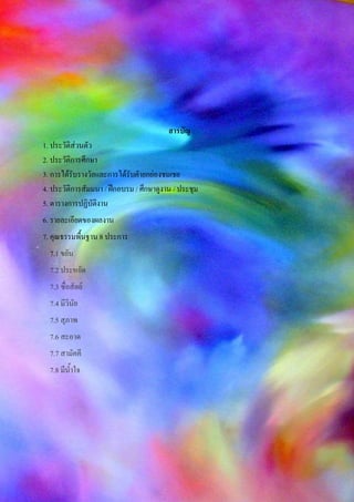 สารบัญ
1. ประวัติส่วนตัว
2. ประวัติการศึกษา
3. การได้รับรางวัลและการได้รับคายกย่องชมเชย
4. ประวัติการสัมมนา / ฝึกอบรม / ศึกษาดูงาน / ประชุม
5. ตารางการปฏิบัติงาน
6. รายละเอียดของผลงาน
7. คุณธรรมพื้นฐาน 8 ประการ
7.1 ขยัน
7.2 ประหยัด
7.3 ซื่อสัตย์
7.4 มีวินัย
7.5 สุภาพ
7.6 สะอาด
7.7 สามัคคี
7.8 มีน้าใจ
 