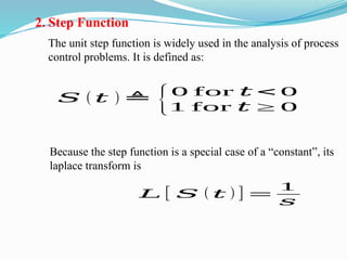 2. Step Function
The unit step function is widely used in the analysis of process
control problems. It is defined as:
𝑆 ( 𝑡 ) ≜
{0 for 𝑡 < 0
1 for 𝑡 ≥ 0
Because the step function is a special case of a “constant”, its
laplace transform is
𝐿 [ 𝑆 ( 𝑡 ) ] =
1
𝑠
 