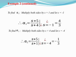 To find : Multiply both sides by s + 1 and let s = -1
𝛼1
∴ 𝛼1=
𝑠+5
𝑠+4 | ¿
¿ 𝑠=−1
=
4
3
To find : Multiply both sides by s + 4 and let s = -4
𝛼2
∴𝛼2=
𝑠+5
𝑠+1| ¿
¿𝑠=−4
=−
1
3
Example 2 (continued)
 