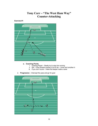 Tony Carr – “The West Ham Way”
Counter-Attacking
Exercise #1
a. Coaching Points
i. Chasing Player – Really try to stop him scoring
ii. GK – if the forward pushes it out to far – come and smother it
iii. If you don’t score – make the keeper make a save
2. Progression – Intercept the pass and go for goal
10
 
