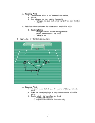 a. Coaching Points
i. Your first touch should be into the heart of the defense
ii. Pinch it
iii. Don’t take your first touch towards the defender
1. Take your first touch back across your body and away from the
defender
b. Restriction – Attacking player has a maximum of 3 touches to score
i. Coaching Points
1. Change of Pace to lose the chasing defender
2. Protect the ball with your first touch
3. Take your first
3. Progression – 3 v 3 and intercepting player
a. Coaching Points
i. After you intercept the ball – your first touch should be a pass into the
striker
ii. Striker use intercepting player as support or turn the ball around the
corner
iii. Counter Attack – play quick, fast, and direct
1. Don’t have two touches
2. Exploit the supremacy of numbers quickly
11
 