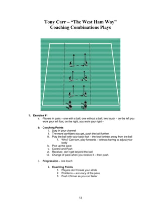 Tony Carr – “The West Ham Way”
Coaching Combinations Plays
1. Exercise #1
a. Players in pairs – one with a ball, one without a ball; two touch – on the left you
work your left foot, on the right, you work your right –
b. Coaching Points
i. Stay in your channel
ii. The more confident you get, push the ball further
iii. Play the ball with your back foot – the foot furthest away from the ball
1. Why? Can turn, play forwards – without having to adjust your
body
iv. Pick up the pace
v. Control and Push
vi. Receiver, don’t get beyond the ball
vii. Change of pace when you receive it – then push
c. Progression – one touch
i. Coaching Points
1. Players don’t break your stride
2. Problems – accuracy of the pass
3. Push it firmer as you run faster
13
 