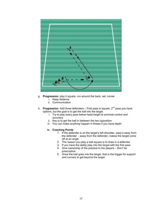 g. Progression: play it square, run around the back, set, runner
i. Keep distance
ii. Communication
h. Progression: Add three defenders – First pass is square, 2nd
pass you have
options, but the goal is to get the ball into the target
i. Try to play every pass below head height to promote control and
accuracy
ii. Key is to get the ball in between the two opposition
iii. You can make anything happen in threes if you have depth
iv. Coaching Points
1. If the defender is on the target’s left shoulder, pass it away from
the defender - away from the defender; makes the target come
off at an angle
2. The reason you play a ball square is to draw in a defender
3. If you have the ability play into the target with the first pass
4. Give ownership of the practice to the players – Don’t be
prescriptive
5. Once the ball goes into the target, that is the trigger for support
and runners to get beyond the target
17
 