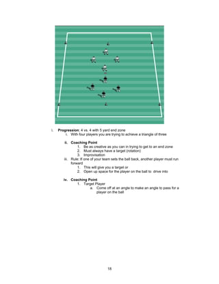 i. Progression: 4 vs. 4 with 5 yard end zone
i. With four players you are trying to achieve a triangle of three
ii. Coaching Point
1. Be as creative as you can in trying to get to an end zone
2. Must always have a target (rotation)
3. Improvisation
iii. Rule: If one of your team sets the ball back, another player must run
forward
1. This will give you a target or
2. Open up space for the player on the ball to drive into
iv. Coaching Point
1. Target Player
a. Come off at an angle to make an angle to pass for a
player on the ball
18
 