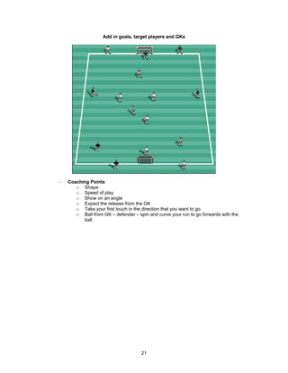 Add in goals, target players and GKs
- Coaching Points
o Shape
o Speed of play
o Show on an angle
o Expect the release from the GK
o Take your first touch in the direction that you want to go.
o Ball from GK – defender – spin and curve your run to go forwards with the
ball.
21
 