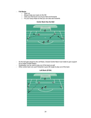 - Full Backs
o Open up
o Always keep your eyes on the GK
o Take your first touch out of your feet and forwards
o Fix your body shape so that you can also see forwards
Center Back Has the Ball
- As the ball gets played to the Left Back, Closest Center Back must rotate to give support
at an angle (Create Depth)
- Goalkeeper can be used to play out of the back as well
- Other center back can push forwards to give GK angle to play out of the back
Left Back (E1D4)
24
 