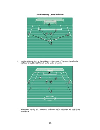 Add a Defending Central Midfielder
- Imagine a bicycle rim – all the spokes go to the center of the rim – the defensive
midfielder should think of himself as the center of the rim
- Width of the Penalty Box – Defensive Midfielder should stay within the width of the
penalty box
26
 