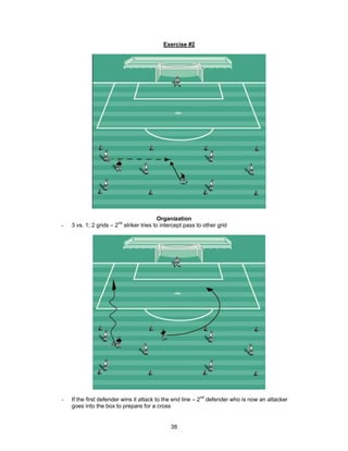 Exercise #2
Organization
- 3 vs. 1; 2 grids – 2nd
striker tries to intercept pass to other grid
- If the first defender wins it attack to the end line – 2nd
defender who is now an attacker
goes into the box to prepare for a cross
38
 